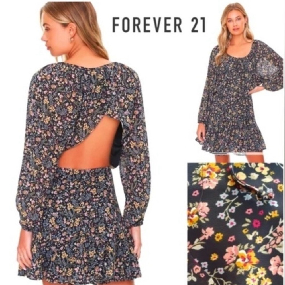 Forever 21 Black Floral Open-Back Dress